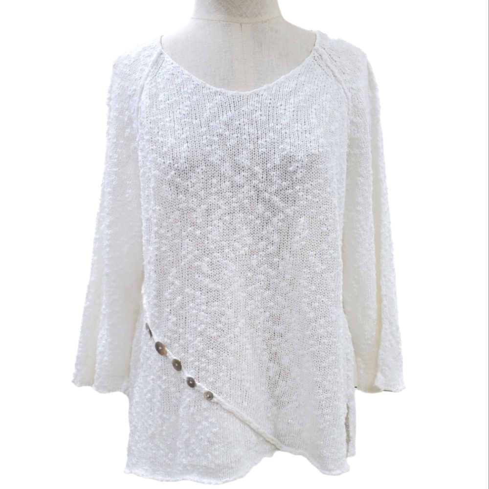 Habitat open knit sweater women's medium white textured cotton shell buttons - Picture 1 of 12